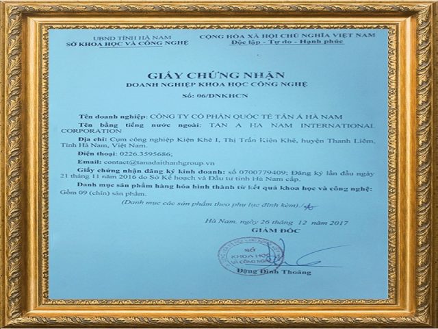 Tập đoàn Tân Á Đại Thành được chứng nhận “Doanh nghiệp Khoa học & Công nghệ”