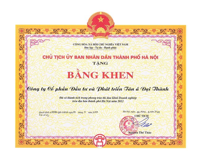 Tập đoàn Tân Á Đại Thành nhận bằng khen của Chủ tịch UBND thành phố Hà Nội